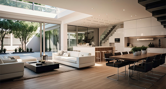 modern spacious living room with large windows and minimalist design featuring a dining area with sleek chairs and a kitchen surrounded by greenery perfect for 4 person gatherings