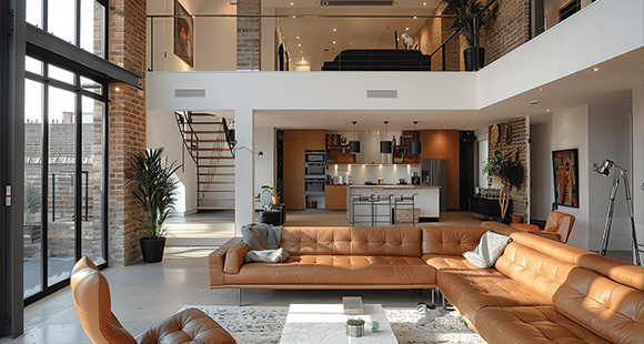 modern living room interior design with leather sofa and kitchen area featuring two levels and large windows