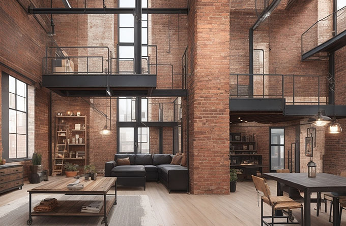 spacious industrial loft with exposed brick walls and modern furnishings featuring a sectional sofa dining table and shelves surrounded by large windows showcasing natural light